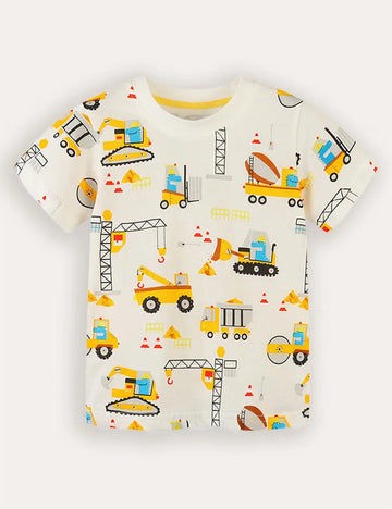 Cartoon Construction Car Printed Short Sleeve T-Shirt